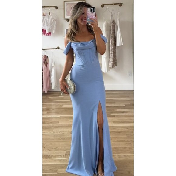 DRESS THE POPULATION Melania Off the Shoulder Gown in Sky Size Medium